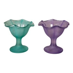 Vtg Multi Coloured Footed Dessert/Parfait Bowls/Icecream Set of 2, Frosted Glass